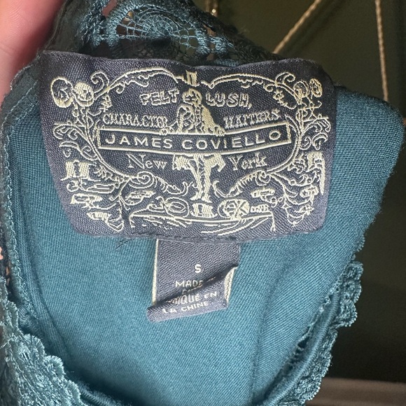 James Coviello Teal Lace Blouse Y2K Boho Romantic Crochet Top Scalloped Hem - Picture 2 of 5